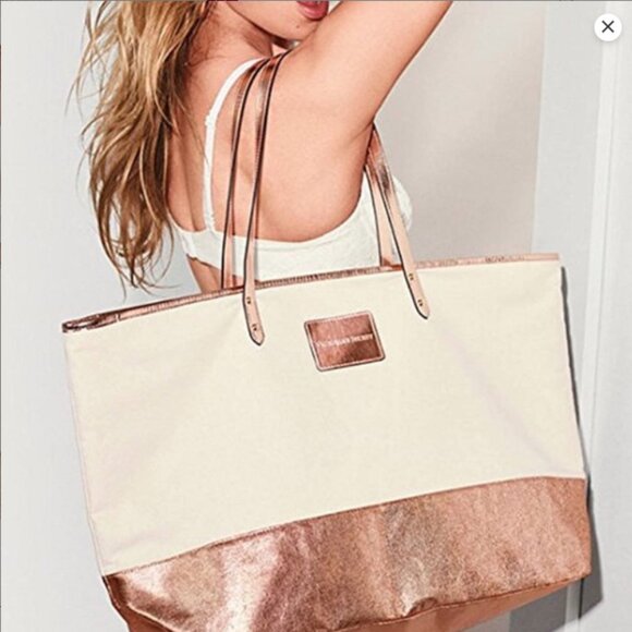 Victoria's Secret Rose Gold & Ivory Canvas Tote -‎ NWOT - Picture 2 of 14